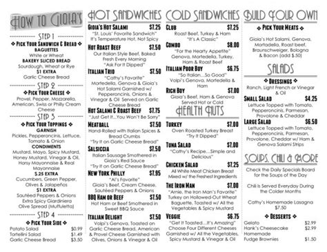 Gioia's deli menu. Gioia's Deli on 'The Hill' opened in 1918 and the new owners took over in 1980 but they are still serving the original recipe of hot salami. The Food Network named their hot salami sandwich as "one of the best sandwiches in America." ... etc. counter old photo awards order options menu 1 menu 2 Frankie pointed out the condiments . Food. 