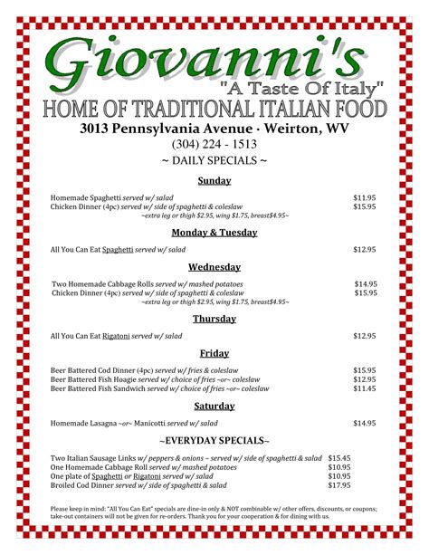 View the Menu of Giovanni’s Restaurant in 3013 Pennsylvania Avenue, Weirton, WV. Share it with friends or find your next meal. We are a local Italian restaurant offering dine-in, carry-out, banquet.... 