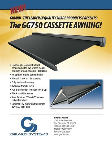 Girard awnings manual. Girard RV awnings are meticulously engineered with the finest components, setting the standard for excellence in high-end motorhomes and various recreational vehicles. Our range of RV awnings boasts a diverse selection tailored for patios, doors, windows and an array of other applications, offering a comprehensive lineup designed to elevate the ... 