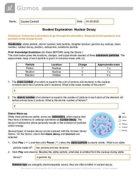 Gizmo Student Exploration Nuclear Decay Answer Key