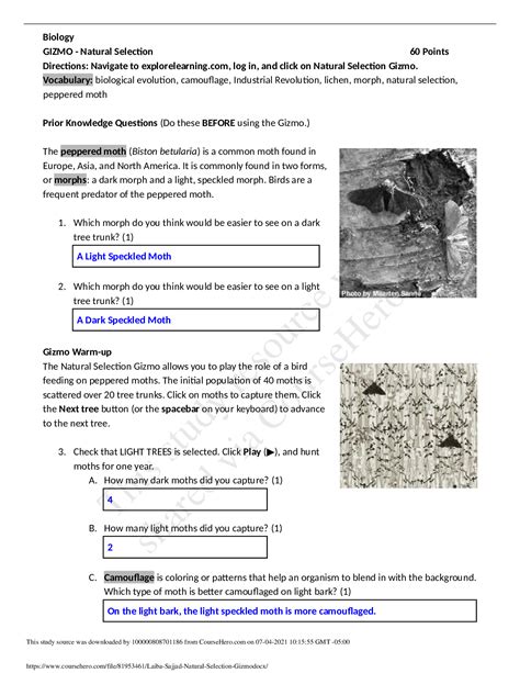 Natural Selection Answer Key. Vocabulary: biological evolution, camouflage, Industrial Revolution, lichen, morph, natural selection, peppered moth. Prior Knowledge Questions (Do these BEFORE using the Gizmo.) [Note: The purpose of these questions is to activate prior knowledge and get students thinking.