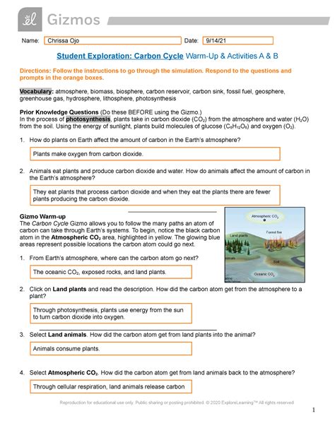 Gizmo carbon cycle answers. Use the Gizmo to create another carbon path, starting and ending in the atmosphere. Label each location with A for atmosphere, B for biosphere, G for geosphere, or H for hydrosphere. The carbon path does not need to follow a specific order. It should just start and end in the atmospher. 