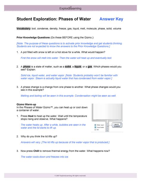 Gizmo phases of water. Phases of water • If necessary, press Chill and wait until the temperature is -20 Question: How does temperature affect the phase of water? 1. Observe: In the Gizmo, solid ice is gray, liquid water is blue. and water vapor gas is light blue. Heat or Chill the water as needed to reach the temperatures below. A. What phase is the water in at ... 