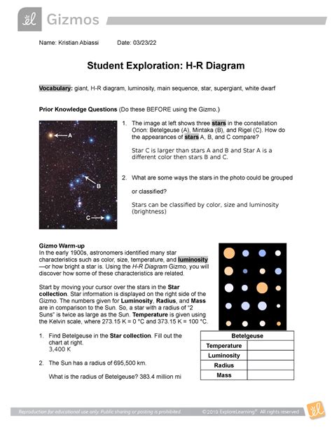 Gizmos H-R Diagram. 7 terms. RachelRoberts06. Preview. AY 101 LAB: QUIZ 2. 34 terms. abbyfranc0. Preview. Asteroids, Comets, and Dwarf Planets. 9 terms. Kira_Balmelle. ... Most of the stars on the HR diagram are classified as what type of star. main sequence. What type of star has a high temperature, but a low luminosity?. 