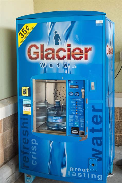 Glacier water vending. Glacier Water is the state's biggest operator of water vending machines, with more than 7,000 machines in California and more than 14,000 nationwide, said the newspaper. In 1998 the company had called for an inspection program after a Los Angeles County study found widespread failure among vending companies to meet state health standards ... 