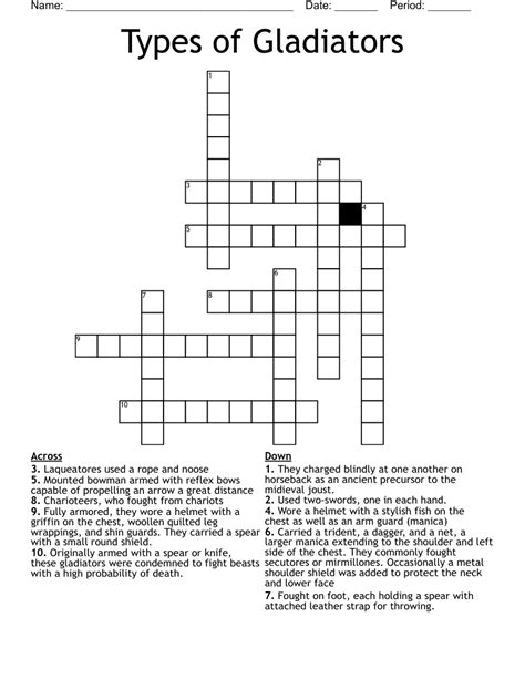 Gladiator star Crossword Clue. The Crossword Solver found 30 answers to "Gladiator star", 5 letters crossword clue. The Crossword Solver finds answers to classic crosswords and cryptic crossword puzzles. Enter the length or pattern for better results. Click the answer to find similar crossword clues .