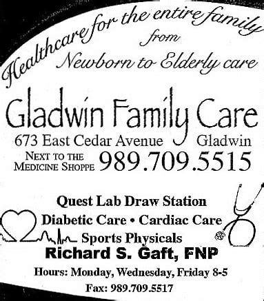 About GLADWIN FAMILY CARE CENTER P C. Gladwin Family Care Center P C is a provider established in Gladwin, Michigan operating as a Clinic/center with a focus in health service . The healthcare provider is registered in the NPI registry with number 1104931211 assigned on August 2006. The practitioner's primary taxonomy code is 261QH0100X.The provider is registered as an organization and their .... 