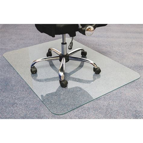 Glass chair mat. Glass Chair Mat – for the discerning office. Size: 90 x 120 cm. Made of polymer and tempered glass. Crystal Clear. Protects floors from damage. PVC free. Designed for hard and carpeted floors. 100% recyclable. Suitable for combined user and chair weights up to 450 kgs (1000 lbs.) 