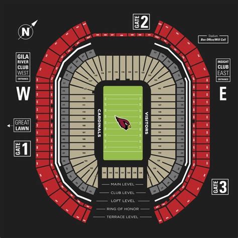 State Farm Stadium 1 Cardinals Drive, Glendale, ... Seating charts reflect the general layout for the venue at this time. For some events, the layout and specific seat locations may vary without notice. ... State Farm Stadium 1 Cardinals Drive, Glendale, AZ 85305 .... 