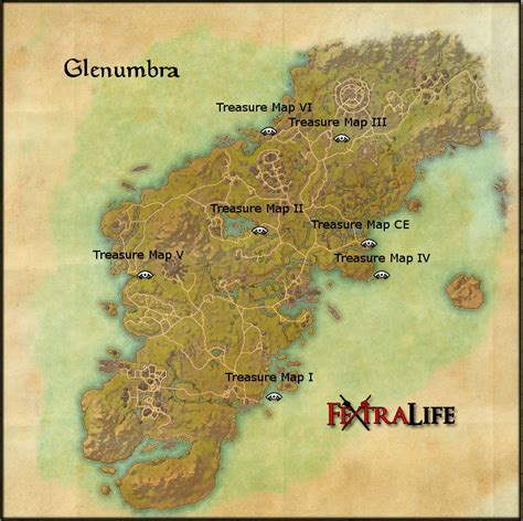 Glenumbra Treasure Map III.jpg. Digging spot is hidden on a small island on the east coast. Use the nearest Aldcroft Wayshrine, and head towards Mines of Khuras solo dungeon (torch icon on the map .... 