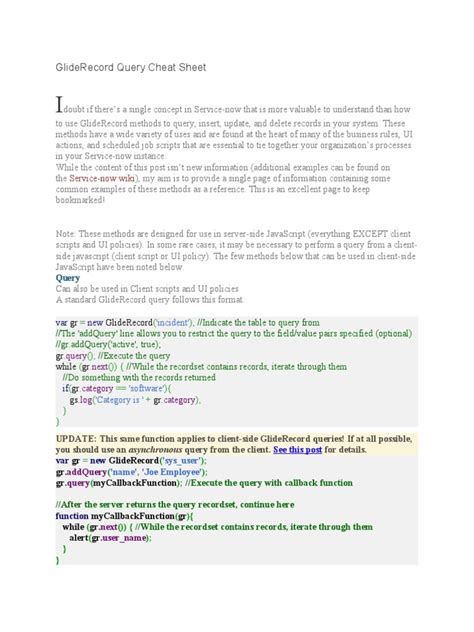 GlideRecord Query Cheat Sheet PDF Software Engineering
