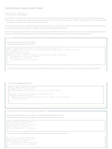 GlideRecord Query Cheat Sheet ServiceNow Guru PDF PDF Dynamic Web