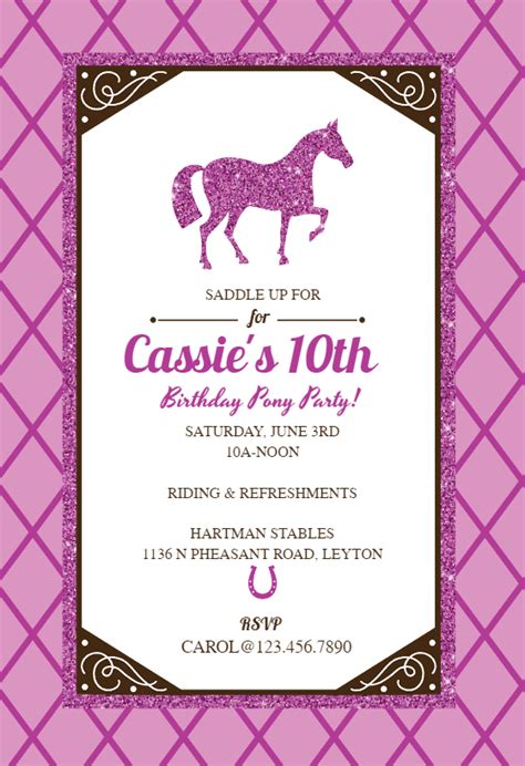 Glitter Horse Birthday Invitation Template Free Greetings Island