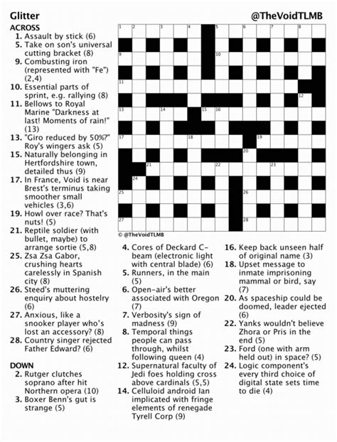 Glitter crossword. Particle of glitter Crossword Clue. The Crossword Solver found 30 answers to "Particle of glitter", 5 letters crossword clue. The Crossword Solver finds answers to classic crosswords and cryptic crossword puzzles. Enter the length or pattern for better results. Click the answer to find similar crossword clues . A clue is required. 