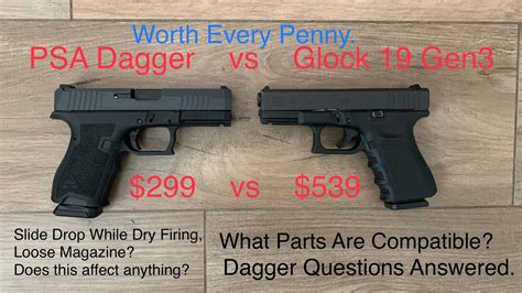Glock 19 vs psa dagger. The Glock plastic sights don't bother me though I did replace them with night sights for under $70. I'm a fan of Johnny Glock's modified smooth face OEM shoe for $22. With the Glock you get two 10 rd mags. So just get two or more PSA 15 rd mags for $32 each (or not if you're ok with the two 10 rd mags that come with the 48) and you're in business. 