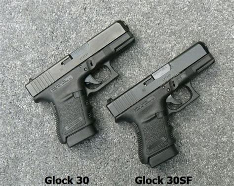Glock 30/30SF/Gen4 30 Slide width 1.27" Weight loaded 33.89 ounces Glock 30S Slide Width 1.10" ... The 30 and 30SF provide the ability to do multiple conversions, 10mm, .40S&W, .45ACP, .45 Super, 400 Corbon, and 460 Rowland (although this one is a real fire breather). It's a true convertible. I've owned all three and have a 30S on my hip right now.
