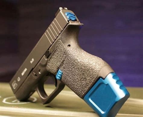 PEARCE GLOCK 43 PLUS ONE EXTENSION. A magazine extension grip for the GLOCK 43 (9mm). This extension replaces the magazine floor plate providing one extra round of capacity and approximately 3/4" additional gripping surface for better control and comfort while also incorporating the factory texture pattern. (actual length 0.820"). 
