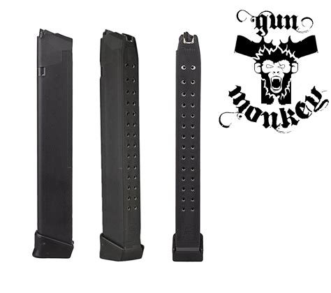 Glock 4422-02. This is a factory Glock 9mm 33 round magazine. Fits doublestack Glock 9mm pistols (17, 19, 19X, 26, 34, 45, 47; Gen 3 – 5). Holding 33 rounds, it provides plenty of capacity to minimize reloads, whether at the range or for home defense. These Glock 33 round magazines are also an excellent choice for AR-9 platform firearms. 