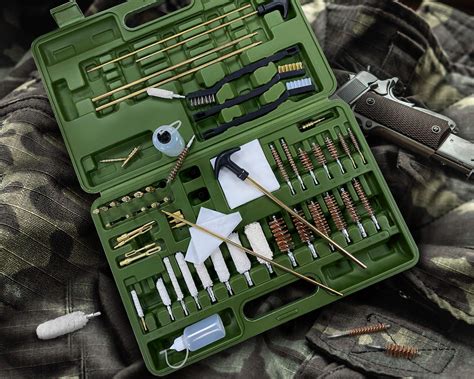 The GLORYFIRE Universal Gun Cleaning Kit includes a hunter-green hard plastic organizing and travel case, much like a socket wrench would come in, that will keep your pieces clean and tidy. This universal cleaning kit includes cleaning pieces for the most common caliber guns, including shotguns, rifles, and pistols.. 