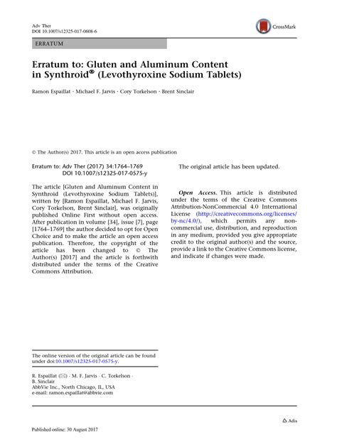 Gluten and Aluminum Content in Synthroid ... - ResearchGate