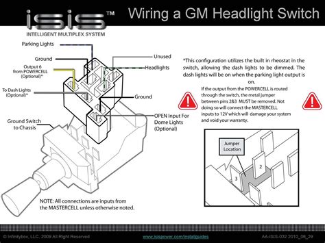 GM Style Headlight Switch Wire Connections. NOTE: When used by GM, these switches were designed to turn the front park lights OFF when the headlights are ON. Some later style switches do not have a tab where the #927 wire is showing to connect.. 