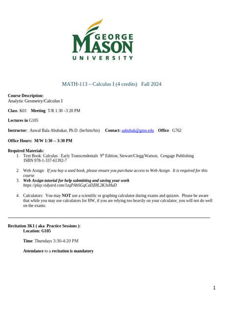 Gmu math 113 syllabus. General Information Credits: 4 Description: Functions,...