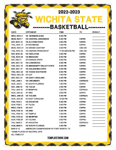 F. Winner: Away Team Final Score. Winner: Home Team Final Score. The official 2022-23 Men's Basketball schedule for the Wichita State Shockers.. 