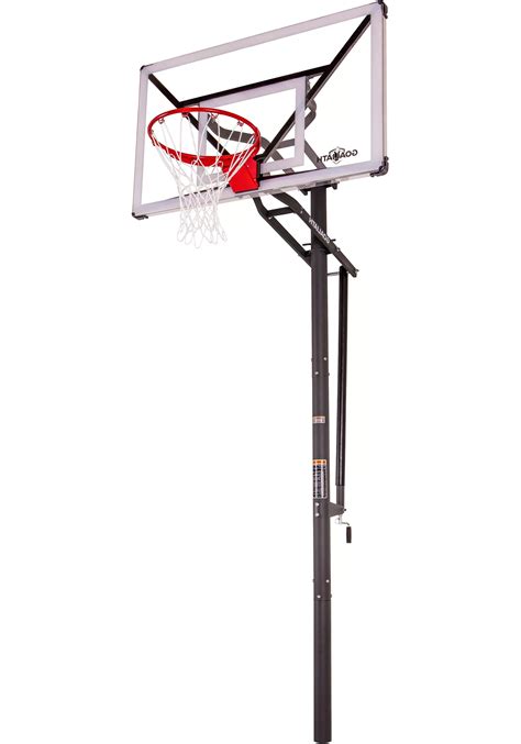 Goaliath 54. A basketball hoop with an overhang of 5 feet will actually encroach on the play surface by more than 7 feet once you add the 25 inches of rim that come out from the backboard surface. Overhang changes as the basketball goal is adjusted. Goalrilla basketball hoops are adjustable from the height of 7.5 feet to the NBA and NCAA regulation height ... 