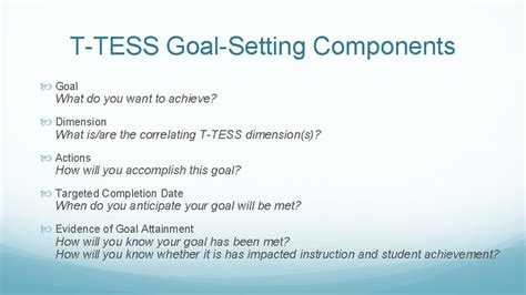 Goals for ttess. Conferencing Tool Flip Chart with Full Domains. This tool was designed to be a resource for goal-seting, pre-conference, and post-conference meetings that are the integral part of T-TESS. It now has full versions of Do-mains 1 through 4 along with T-TESS Look Fors, conversation starters, the T-TESS Skill-Dimension Crosswalk chart, requirements ... 