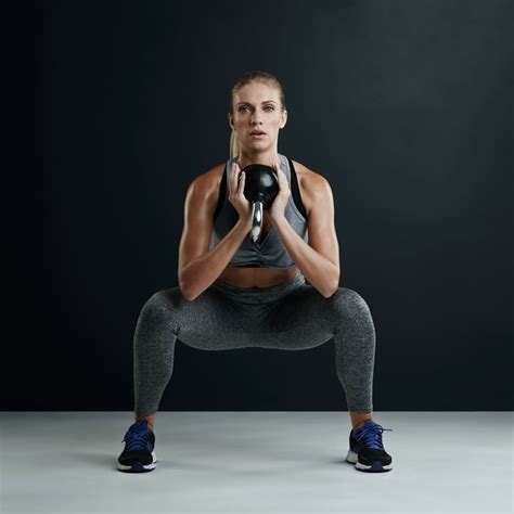 Goblet squat. The goblet squat exercise trains the all-same muscle groups as the more traditional barbell back squat. However, It places slightly more emphasis on the quads because you are holding the weight to the front of the body. The Goblet Squat promotes a more upright squatting pattern allowing you to travel deeper into the bottom squat position. 