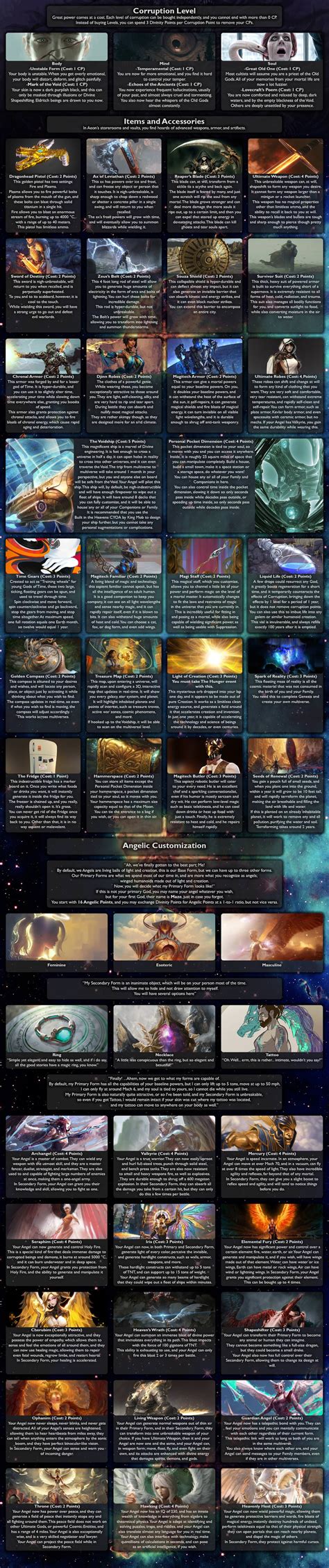 God cyoa. Upgraded Anvil of Transcendent Design (built and fused right into the hangars of the Starship hull itself, upgrades Shipyard) -100S, for balance reasons. -130R. Charge Effect: 50P, production of Ascendants at lower power levels. Charge Effect: 80P, production of Ascendants at equal power levels. 