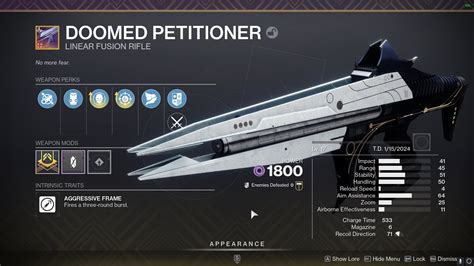 God Roll: Reconstruction & Precision Instrument ; The Taipan and Threaded Needle have received a bit of competition with the brand-new linear fusion rifle out this season: Doomed Petitioner. While .... 