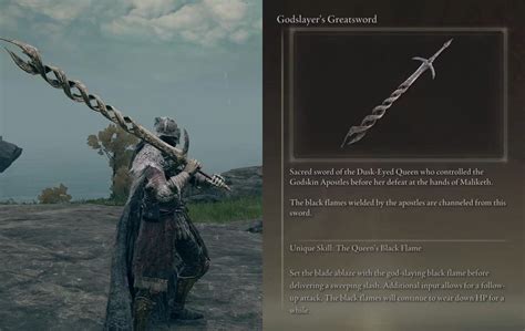 updated Apr 11, 2024. The Godslayer's Greatsword is one of the colossal Weapons in Elden Ring. advertisement. Godslayer's Greatsword Description. "Sacred sword of the Dusk-Eyed Queen who.... 