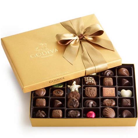 Godvia. Details. The gift idea that always delivers—our 8-piece Assorted Chocolate Gold Gift Box filled with luscious chocolate pieces in milk, dark and white chocolate tied with a gold ribbon. Good things come in small packages, and that's especially true when you're sharing our iconic gold gift box filled with eight delectable assorted chocolates ... 