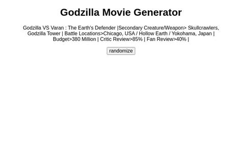 Godzilla movie name generator.  Create unique Godzilla monsters and craft their...