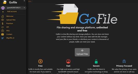 Gofile.io. Gofile operates using accounts, files, and folders. With this API, you can manage an efficient file storage system. An account always has a root folder that cannot be deleted. If you upload a file without specifying any parameters, a guest account and a root folder will be created. The file will be uploaded to a new folder within the root folder. 