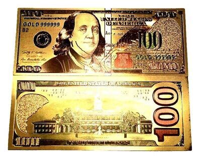Gold $100 dollar bill gold 999999. The Redesigned $100 Note. In its first redesign since 1996, the new-design $100 note features additional security features including a 3-D Security Ribbon and color-shifting Bell in the Inkwell. The new-design $100 note also includes a portrait watermark of Benjamin Franklin that is visible from both sides of the note when held to light. 