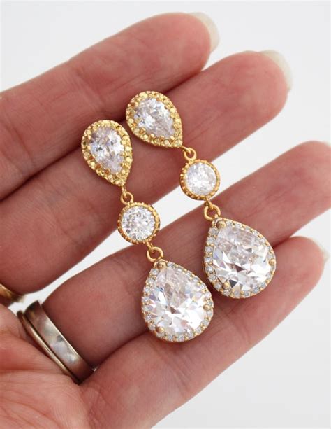 Gold Leaf Long CZ Drop Bridal Earrings Wedding Earrings CZ - Etsy