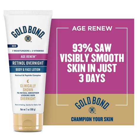 Gold bond age renew retinol overnight body. Gold Bond Age Renew Retinol Overnight Body & Face Lotion, With Retinol & Peptide Complex, 7 oz. 7 Fl Oz (Pack of 1) Options: 2 sizes. 4.6 out of 5 stars. ... Gold Bond Age Renew Crepe Corrector Body Lotion, Replenishing & Smoothing Formula 26 OZ (2 13 OZ bottles) 26 Fl Oz (Pack of 1) 4.6 out of 5 stars. 292. 