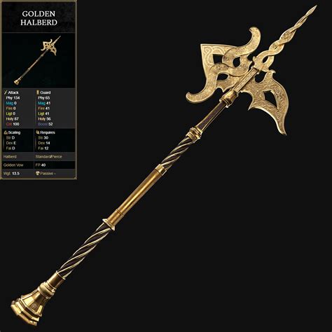 The Golden Halberd is one of the halberd Weapons in Elden Ring . advertisement. Golden Halberd Description. "Weighty halberd forged of gold. Wielded …. 