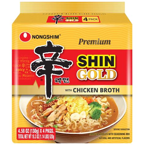 The Nongshim Shin Gold Spicy Chicken Broth Ramyun Premium Ramen Noodle Soup Pack, 4.58oz X 4 Count is a delicious Ramyun Premium Ramen Noodle Soup experience, made even better by its affordable price. Like all our products, Nongshim Shin Gold is authentic Korean food that you can enjoy at home or on the go, even on a budget..