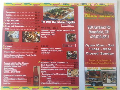 Add a Menu +6 photos ... Restaurants in Mansfield, OH. 586 Park Ave E, Mansfield, OH 44905 (419) 522-5523 Order Online ... wheelchair accessible. tv. bike parking. Nearby Restaurants. The Golden Burrito - 574 Park Ave E. Mexican, Food Trucks . DESCHNER'S - 220 Ashland Rd. Pizza . Dairy Queen - 309 Ashland Rd. Ice Cream Shop, Ice Cream & Frozen .... 