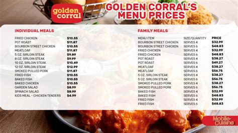Golden coral lunch price. Lunch Buffet Menu. Our lunch buffet is never short of tasty menu options to pick from. Whether you prefer burgers, soup and salad, or a hearty hot meal, lunch at Golden Corral will keep your body fueled for the day. 