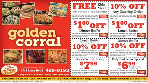 Golden corral coupons buy one get one free. Breakfast Buffet Menu. Rise and shine with our legendary breakfast buffet, featuring cooked-to-order eggs, omelets, bacon, sausage, buttermilk pancakes, crispy waffles, melt-in-your-mouth cinnamon rolls and more! 