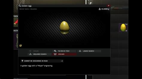 Golden egg tarkov. Golden neck chain (GoldChain) is an item in Escape from Tarkov. Golden neck chain is bound to be a rather profitable piece of jewelry to find. 9 are needed for the quest Chumming (4 are provided, you need 5 more) 8 need to be found for the Scav case Safe Sport bag Dead Scav Plastic suitcase Common fund stash Ground cache Buried barrel cache Jacket 3 can be obtained from Ragman's quest reward ... 