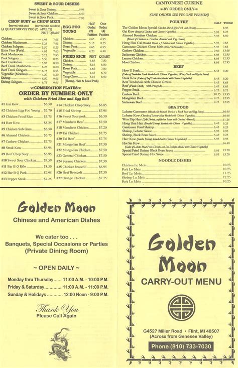 Golden moon flint menu. If you’re a fan of buffet-style dining, then you’ve probably heard of Golden Corral. Known for its wide variety of dishes and affordable prices, Golden Corral has become a go-to sp... 