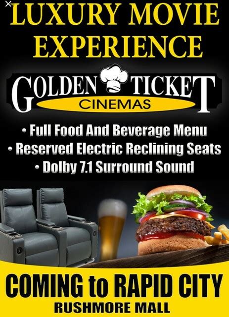 Golden ticket cinemas rushmore 7 updates. Visit Golden Ticket Cinemas > View Showtimes — catch the latest movies and Hollywood hits. ... Rushmore 7 - Rapid City, SD. WEST VIRGINIA. Bluefield 8 - Bluefield, WV. Movies . now playing. coming soon. amenities . Menu. ... industry news & updates 