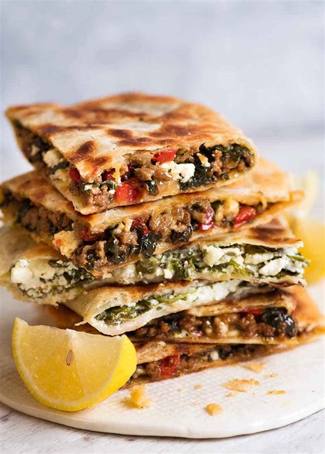 Goleme. These flatbreads are stuffed with a mixture of three different cheeses to mimic feta-like Turkish white cheese that's used in gozleme. 
