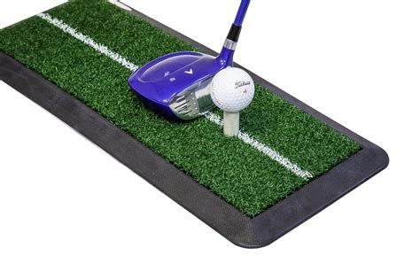 Golf driving mat. A popular mat in the UK is the Golf Academy Teaching Mat. This is a driving range style mat with cutout holes in which you can place rubber tees of varying heights. The painted markings on the mat simulate an ideal swing arc to help you with your practice. The Net Return Pro Turf Golf Hitting Mat 