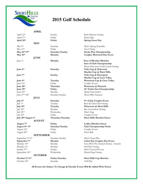 Golf schedule. 2022-23 PGA TOUR Season ; November 17-20, 2022, The RSM Classic. Sea Island Golf Club (Seaside Course). St. Simons Island, Georgia 7005 Yards / Par 70. Sea ... 